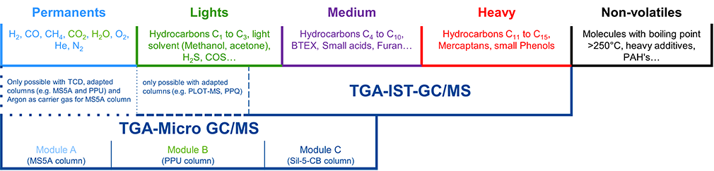 Application range of TGA-Micro GC/MS and TGA-GC/MS